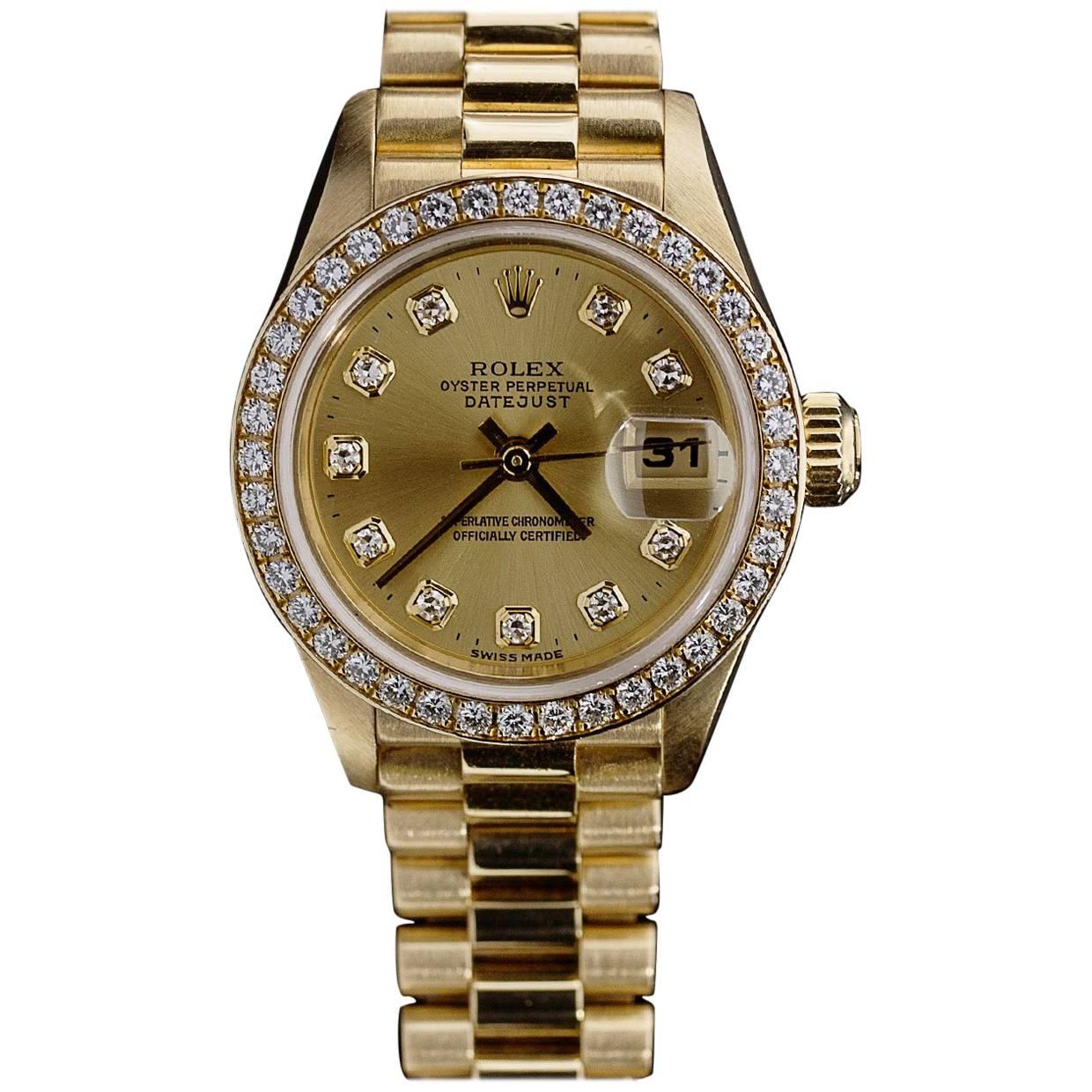 Rolex Ladies Yellow Gold President Diamond Bezel and Dial wristwatch