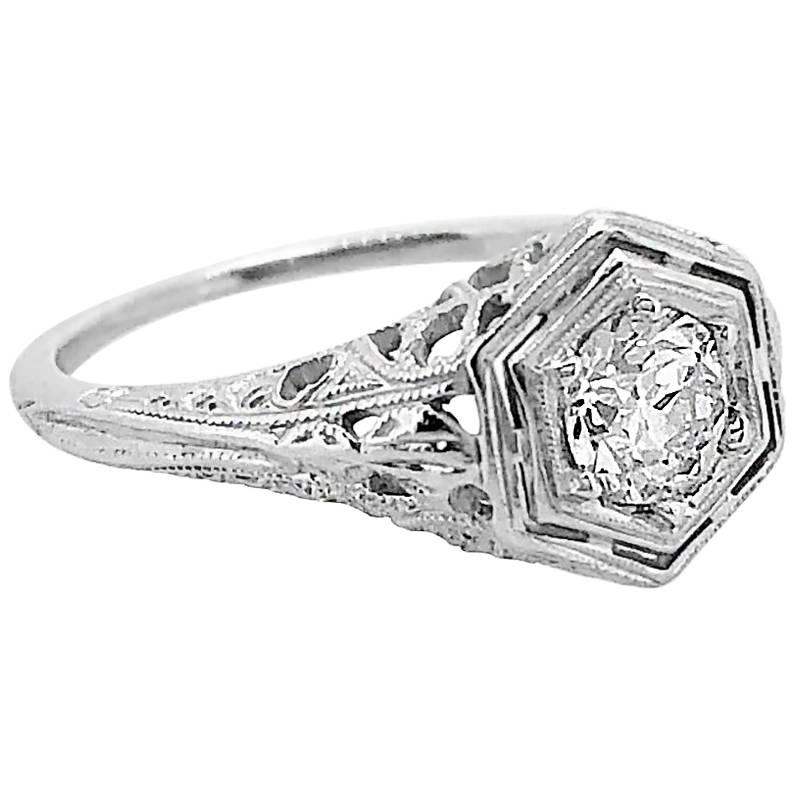 Antique .50 Carat Diamond 18 Karat White Gold Engagement Ring For Sale