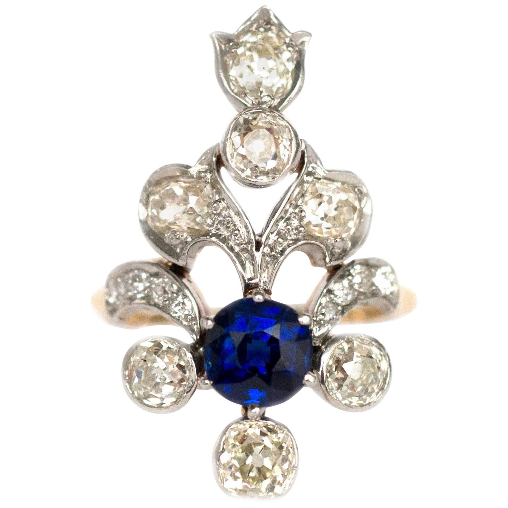 AGL Certified Sapphire and Diamond Yellow Gold and Platinum Cocktail Ring For Sale