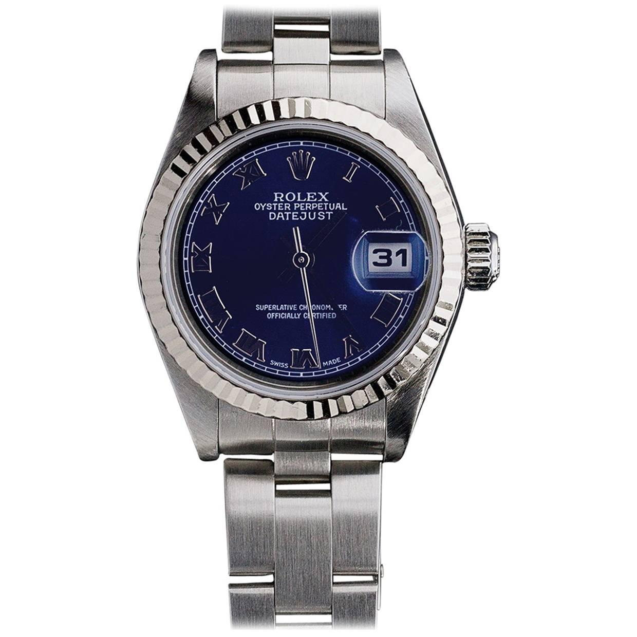 Rolex Stainless Steel Blue Datejust Fluted Bezel Roman Dial Wristwatch 2002