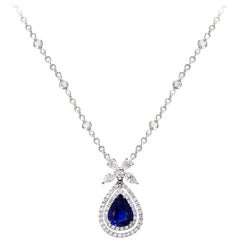 Roman Malakov, Pear Shape Blue Sapphire and Diamond Halo Pendant Necklace