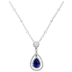 Roman Malakov 1.78 Carat Pear Shape Blue Sapphire and Diamond Pendant Necklace