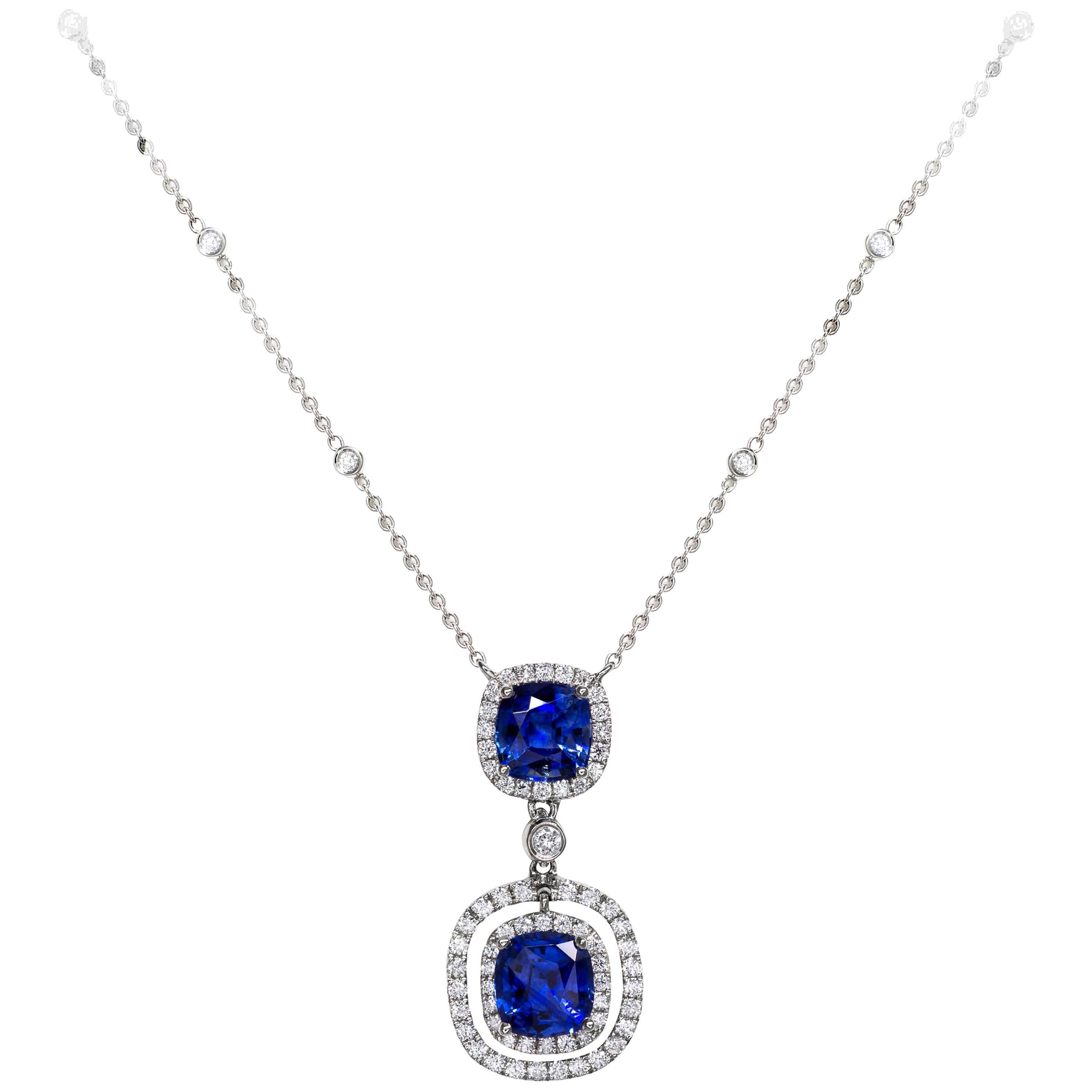 2.20 Carats Total Cushion Cut Blue Sapphire and Diamond Halo Pendant Necklace
