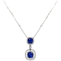 2.20 Carats Total Cushion Cut Blue Sapphire with Diamond Halo Pendant Necklace