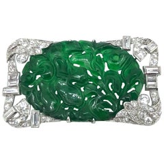 Art Deco Period Natural Jadeite Jade Diamond Brooch Certified Natural