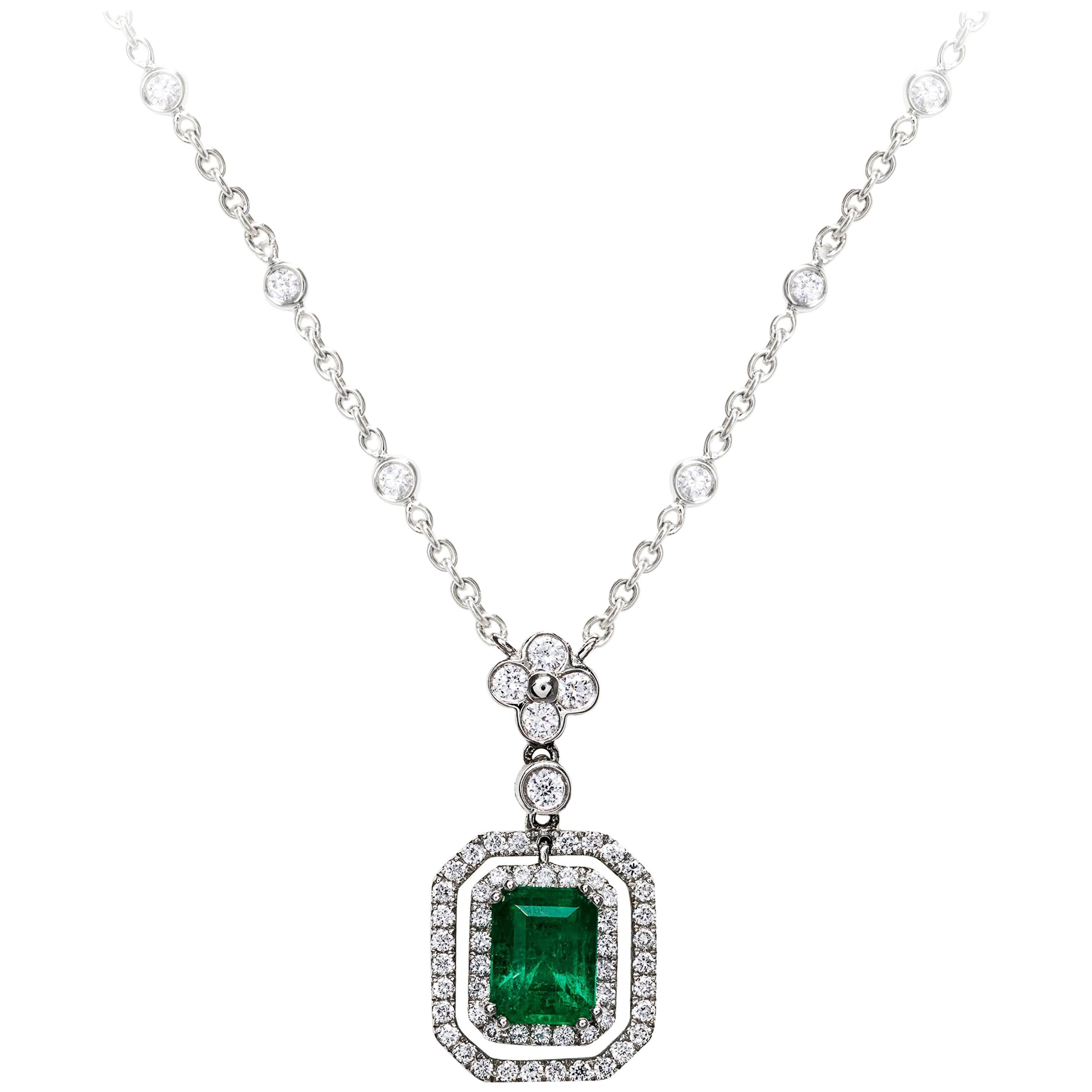 Roman Malakov, Green Emerald and Diamond Halo Drop Necklace
