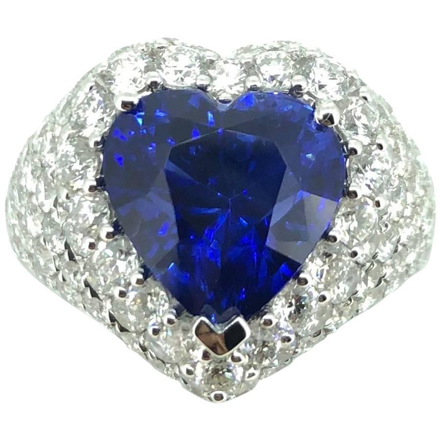6.42 Carat Heart Shape Blue Sapphire Royal Blue Sri Lanka Diamond Cocktail Ring For Sale