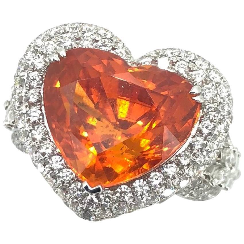 14.35 Carat Heart Shape Mandarin Garnet Diamond Cocktail Ring  For Sale