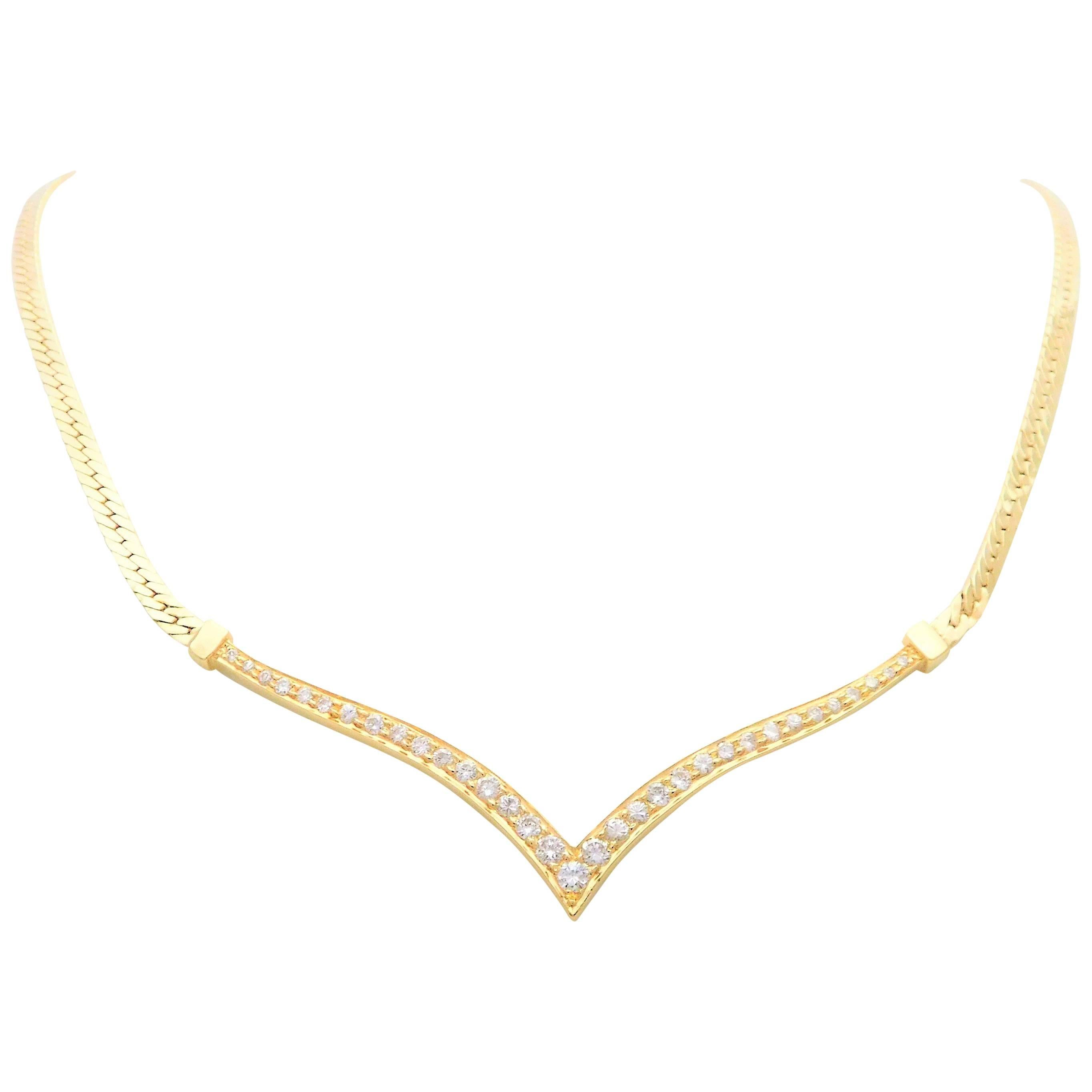 Vintage 14 Karat Gold V Diamond Pendant Necklace For Sale