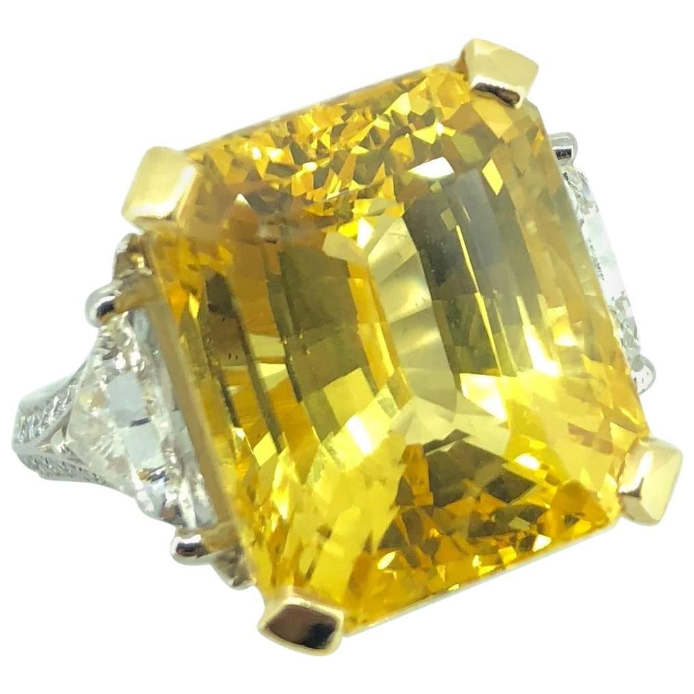 Natural 20.01 Carat Vivid Emerald Cut Yellow Sapphire Diamond Ring  For Sale