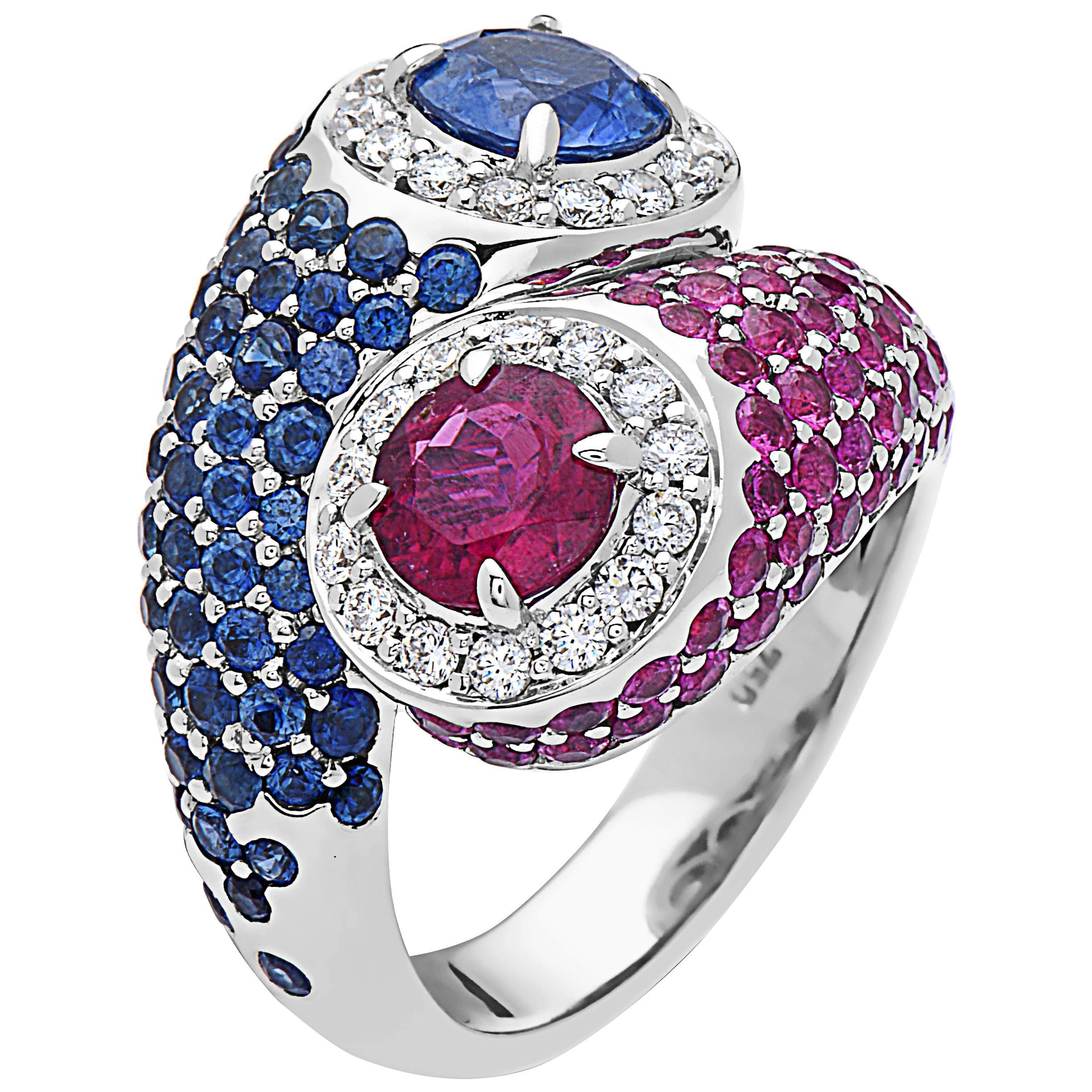 Emilio Jewelry Gorgeous American Pride Sapphire Ruby Diamond Ring