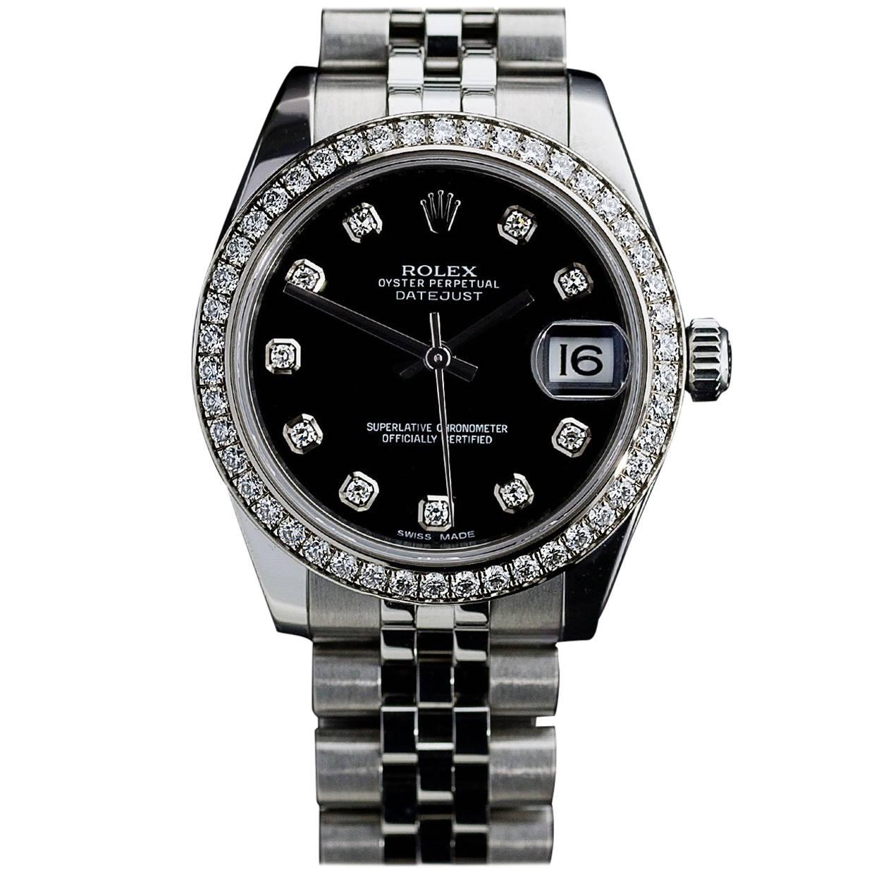 Rolex Ladies Stainless Steel Diamond Bezel Datejust Wristwatch