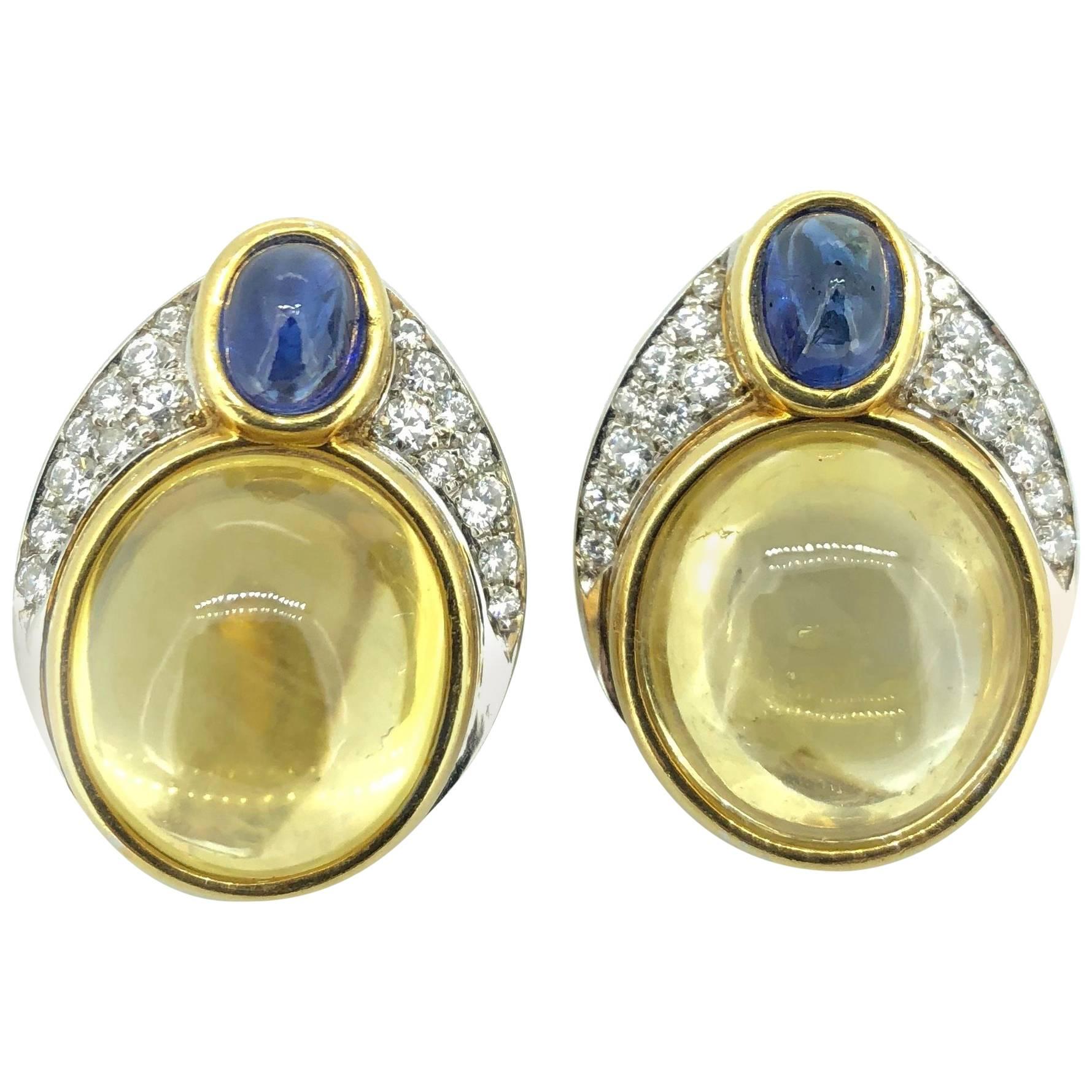 14K Yellow Gold Natural Yellow Sapphire Cabochon Diamond Ear Clips For Sale