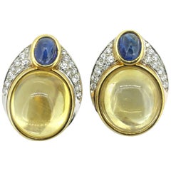 Vintage 14K Yellow Gold Natural Yellow Sapphire Cabochon Diamond Ear Clips