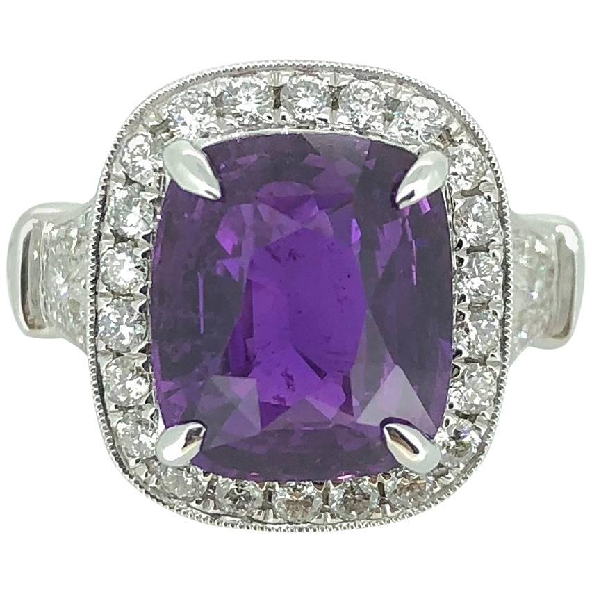 Natural 5.94 Carat Vivid Purple Sapphire Diamond Ring  For Sale