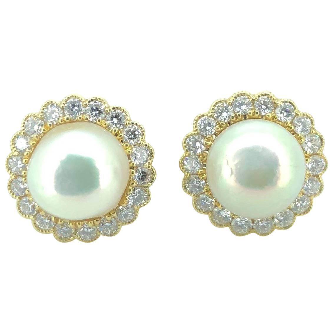 Classic Natural Saltwater Pearl Diamond Cluster Earring Studs  For Sale