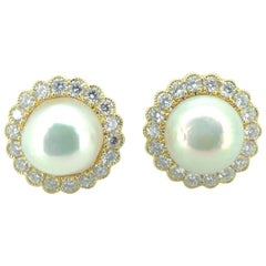 Classic Natural Saltwater Pearl Diamond Cluster Earring Studs