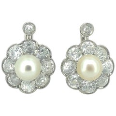 Antique Classic Natural Pearl Old Cut Diamond Cluster Earrings 