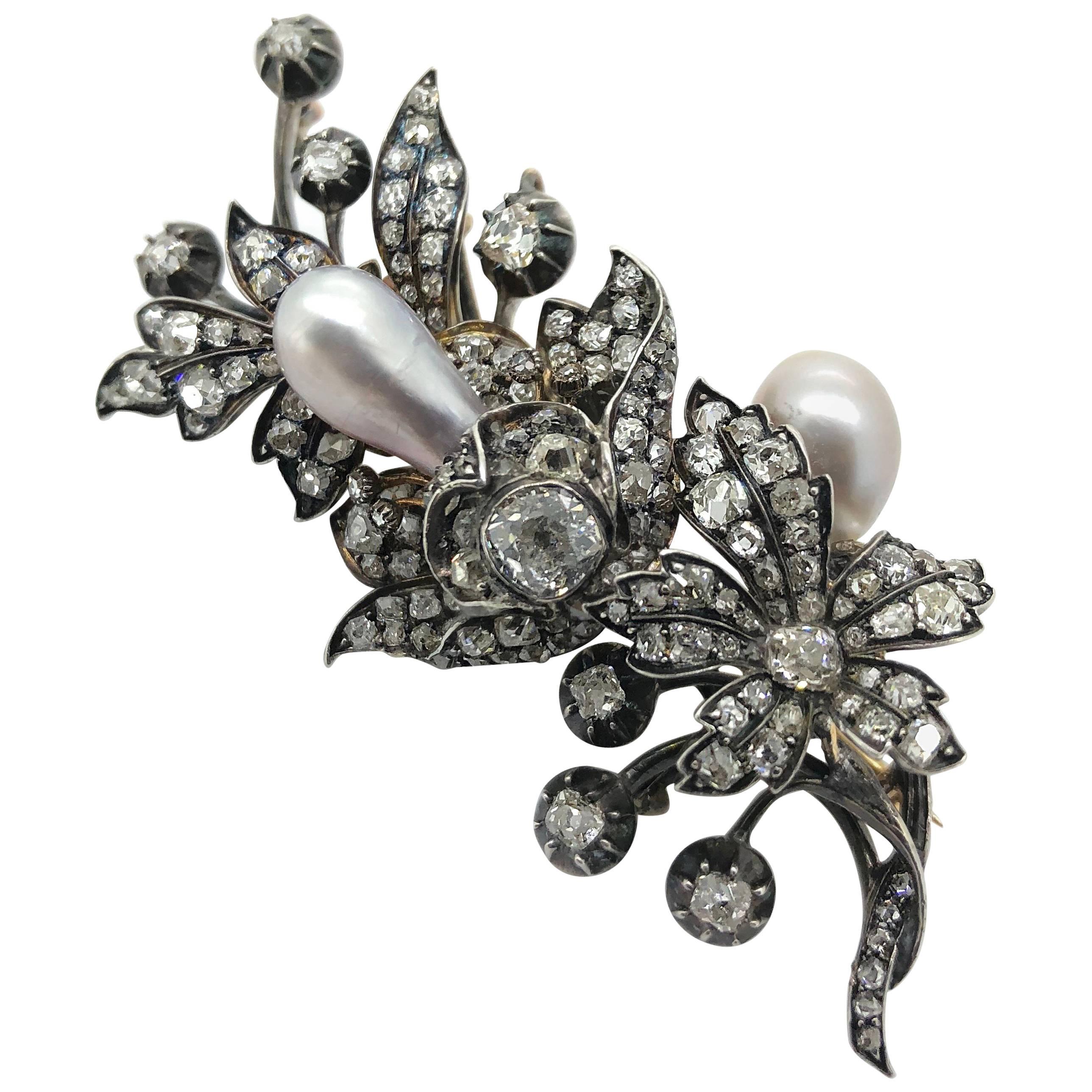 Victorian Natural Pearl And Diamond Spray Brooch, Circa 1860 For Sale