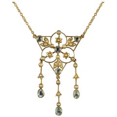 Antique Victorian 15 Carat Gold Aquamarine Pearl Necklace, circa 1900