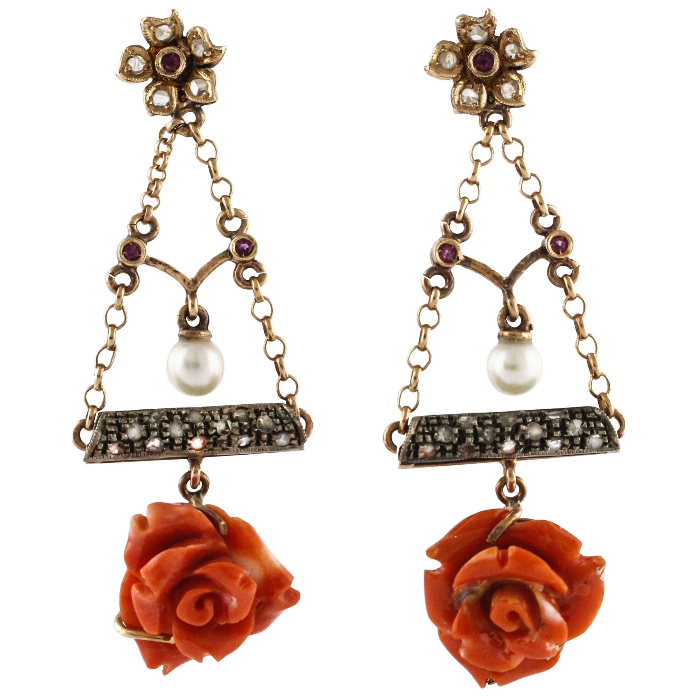 Red Coral Flowers, Diamonds, Pearls, Rubies, Rose Gold and Silver Flower Earrings