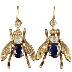 Victorian Diamond Sapphire Insect Earrings 18 Carat Gold, circa 1900