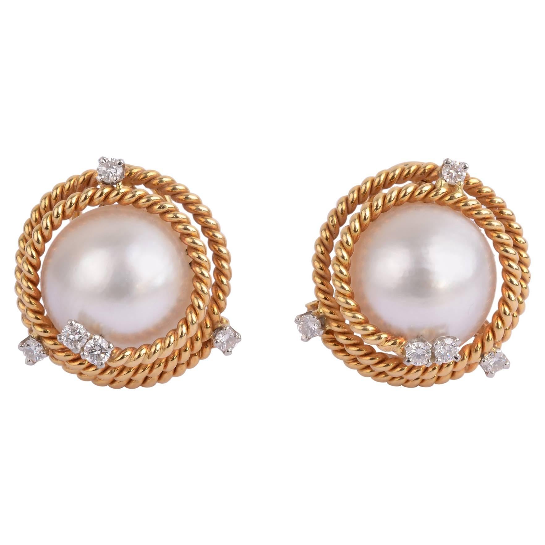 Schlumberger for Tiffany & Co. Mabe Pearl Diamond Gold Earrings 