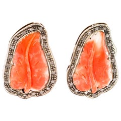 Engraved Red Coral Leaves, Diamonds, Rose Gold and Silver Clip-on Earrings 