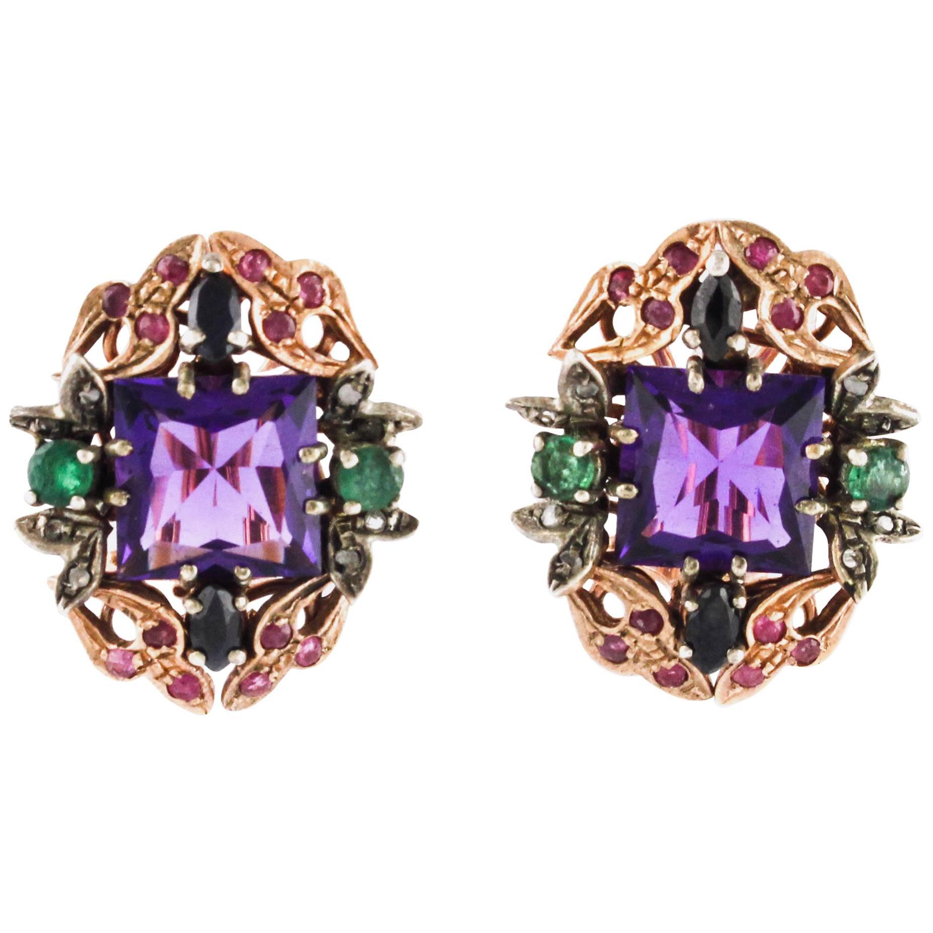  Amethyst Sapphires Ruby Emeralds Diamonds  Rose Gold and silver Earring