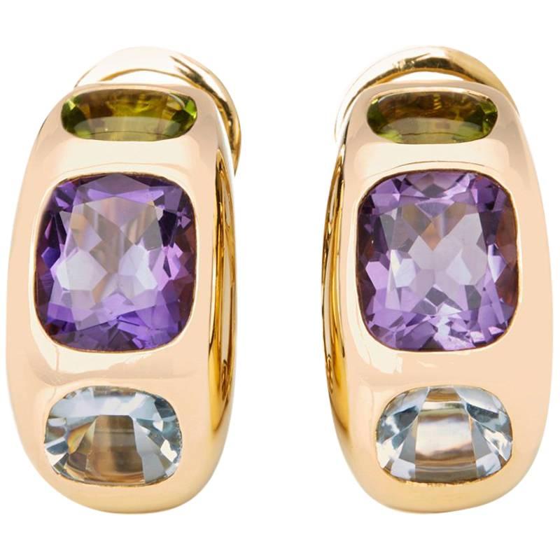 Chanel 18 Karat Yellow Gold Amethyst Peridot Clip-On Baroque Earrings 