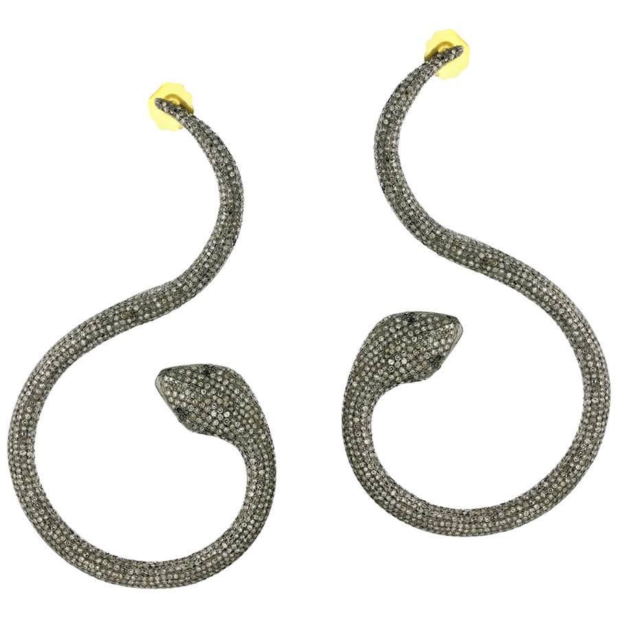 Pave Diamond Snake Earrings Made In 14k Gold & Silver For Sale