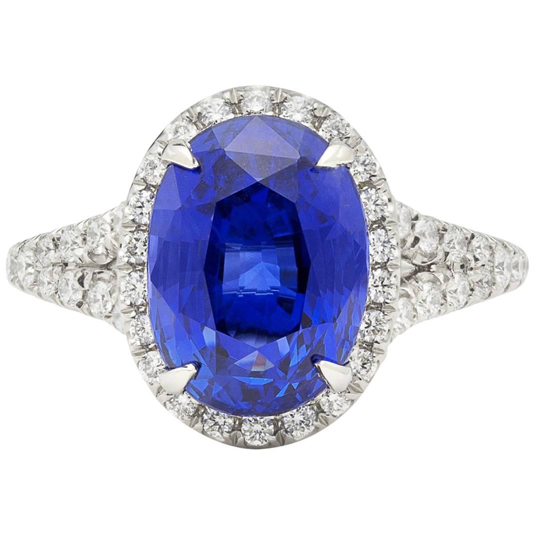 Unheated 5.08 Carat Blue Sapphire in Custom Platinum and Diamond Ring