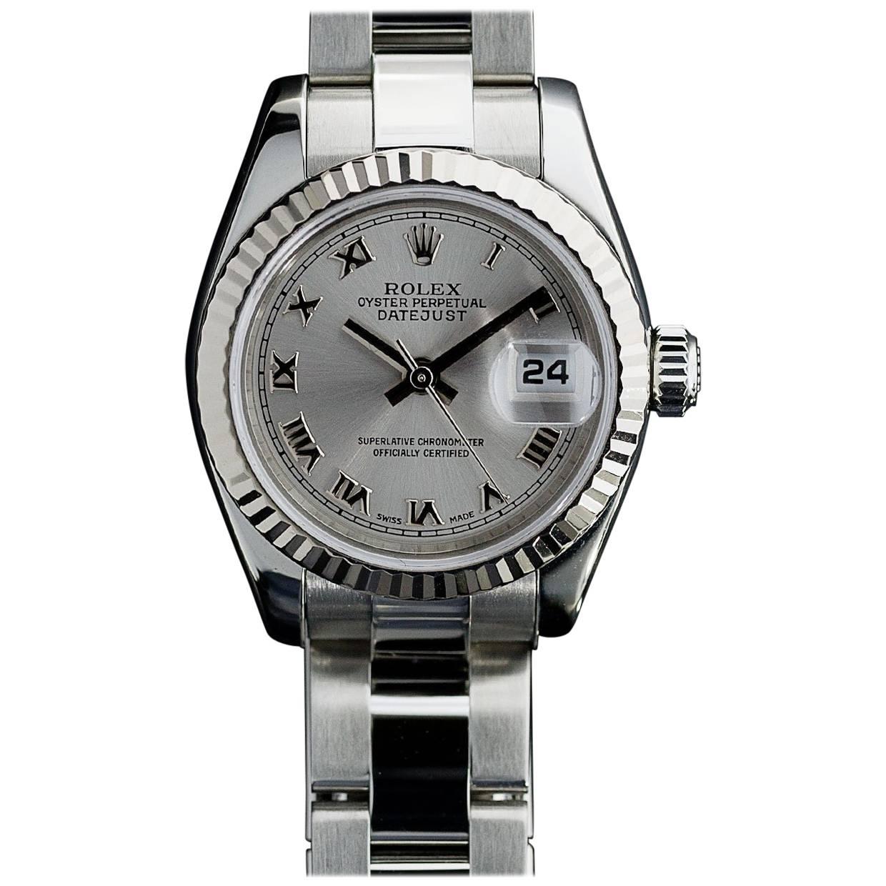 Rolex Ladies Stainless Steel Datejust Rhodium Dial Wristwatch