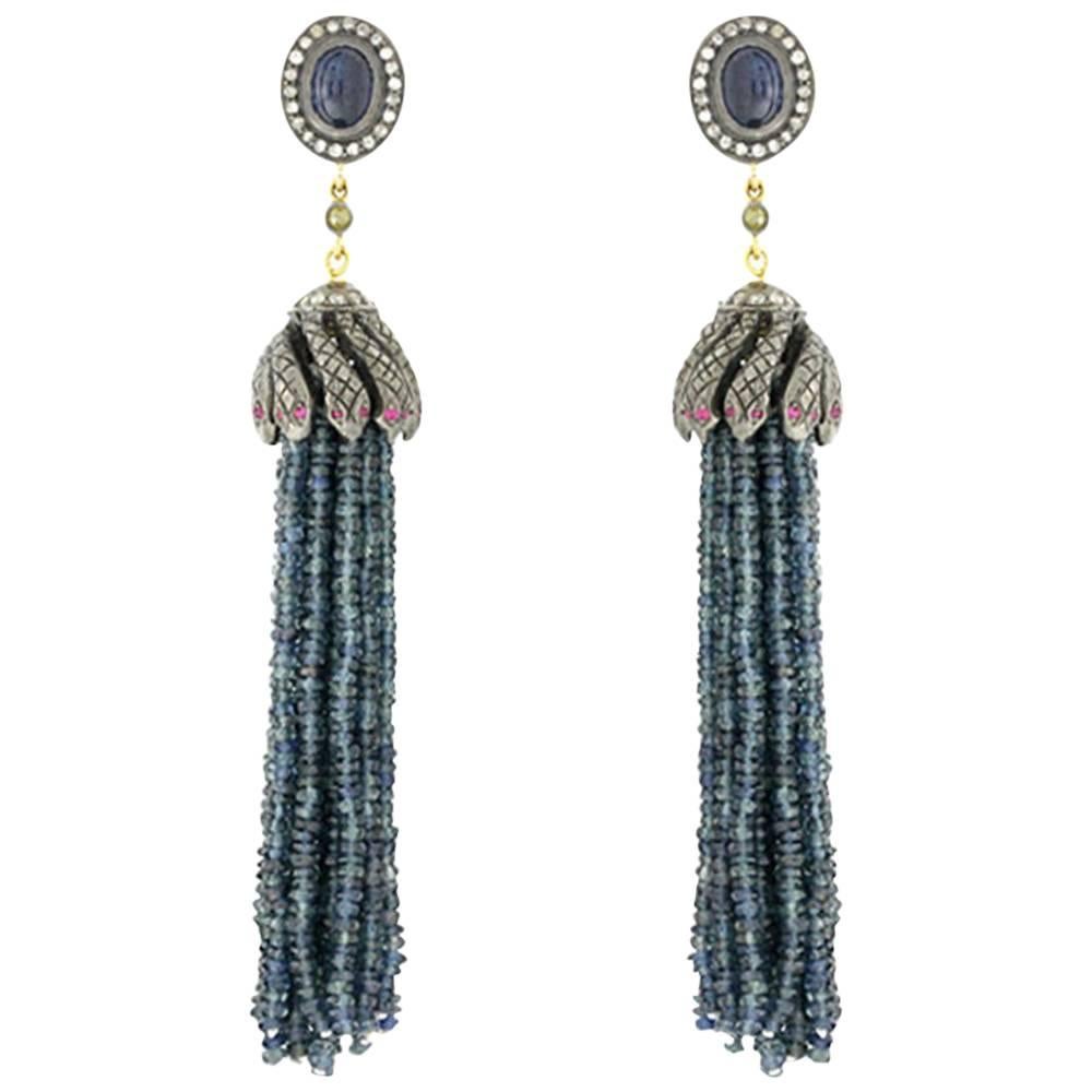 Snake Tassel Earring with Sapphire & Ruby Made In 18k Gold
