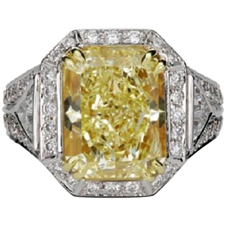 Scarselli 6.35 Carat Fancy Yellow Radiant Diamond Ring in Platinum GIA Certified