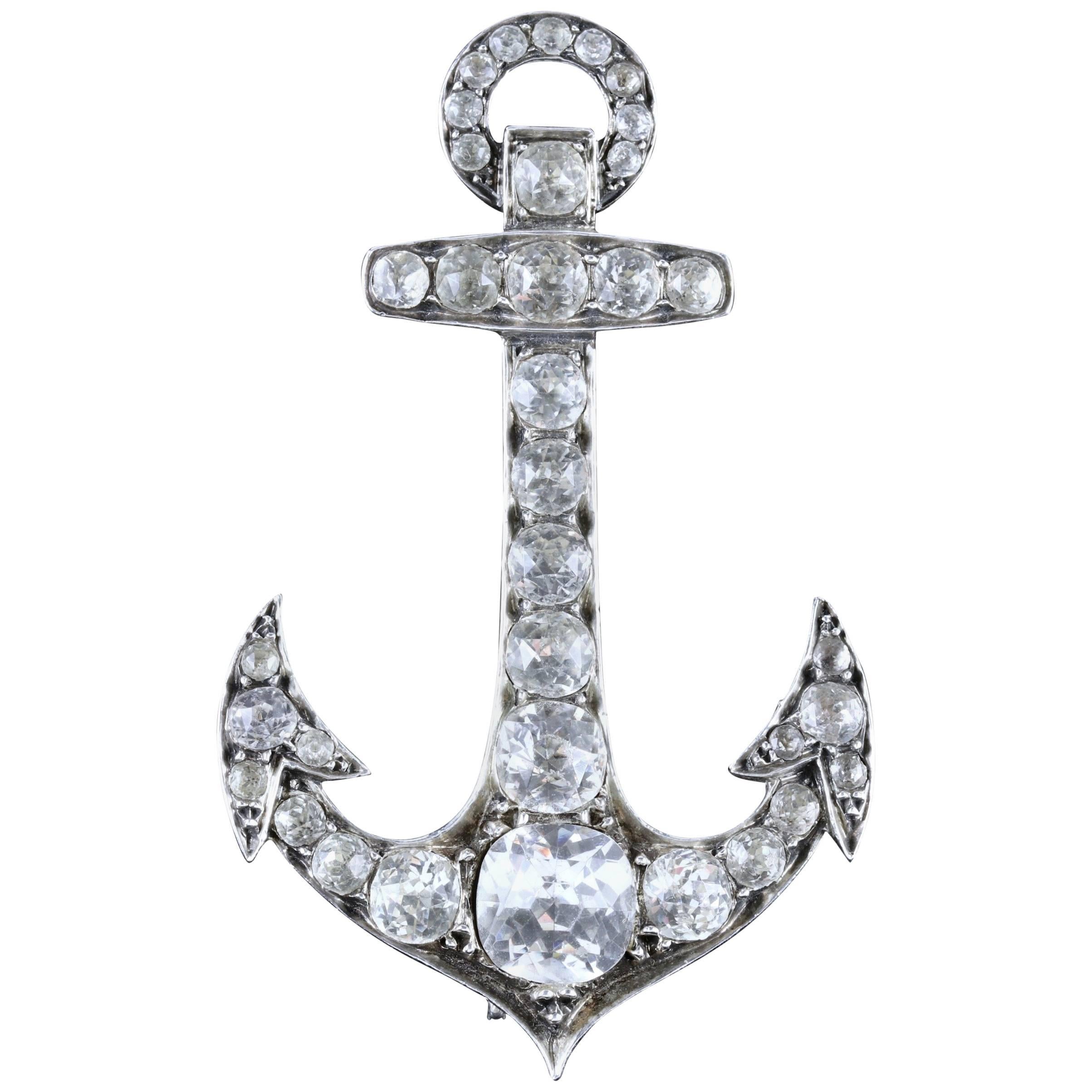 Antique French Large Silver Paste Anchor Brooch, circa 1880