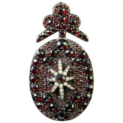 Antique Victorian Bohemian Garnet Gold Pearl Pendant Locket, circa 1880