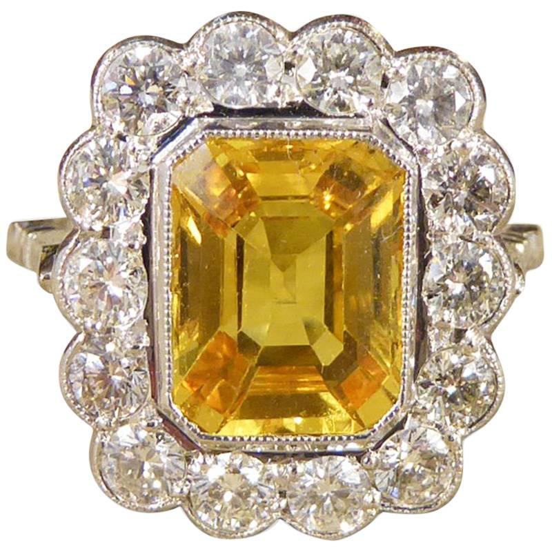 Yellow Sapphire 3 Carat and Diamond Engagement 18 Carat White Gold Ring