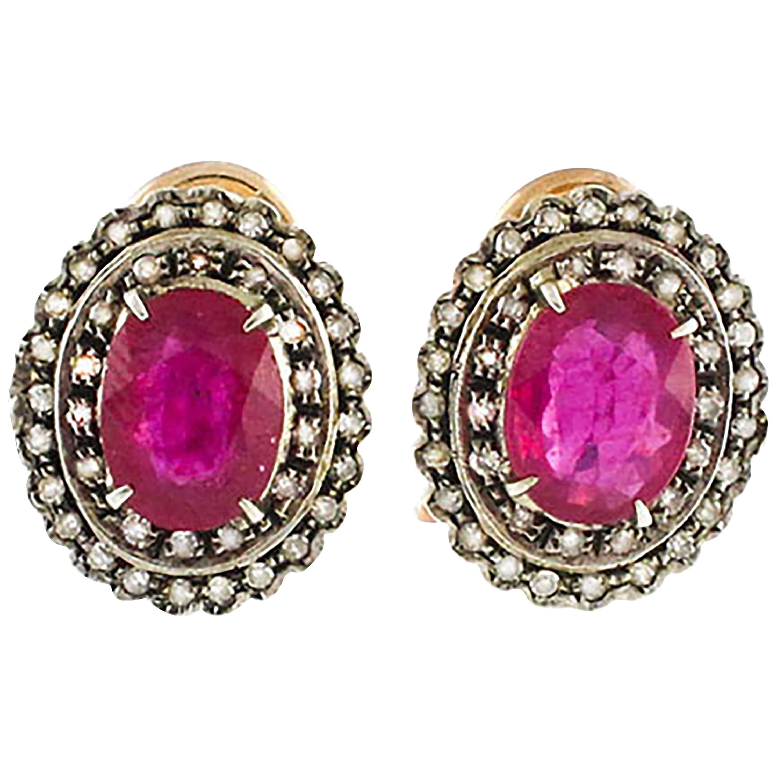 Rubies Old Diamonds Rose Gold and Silver Earrings 