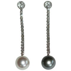 Diamond Tennis Earrings with Cultured Pearls Drop