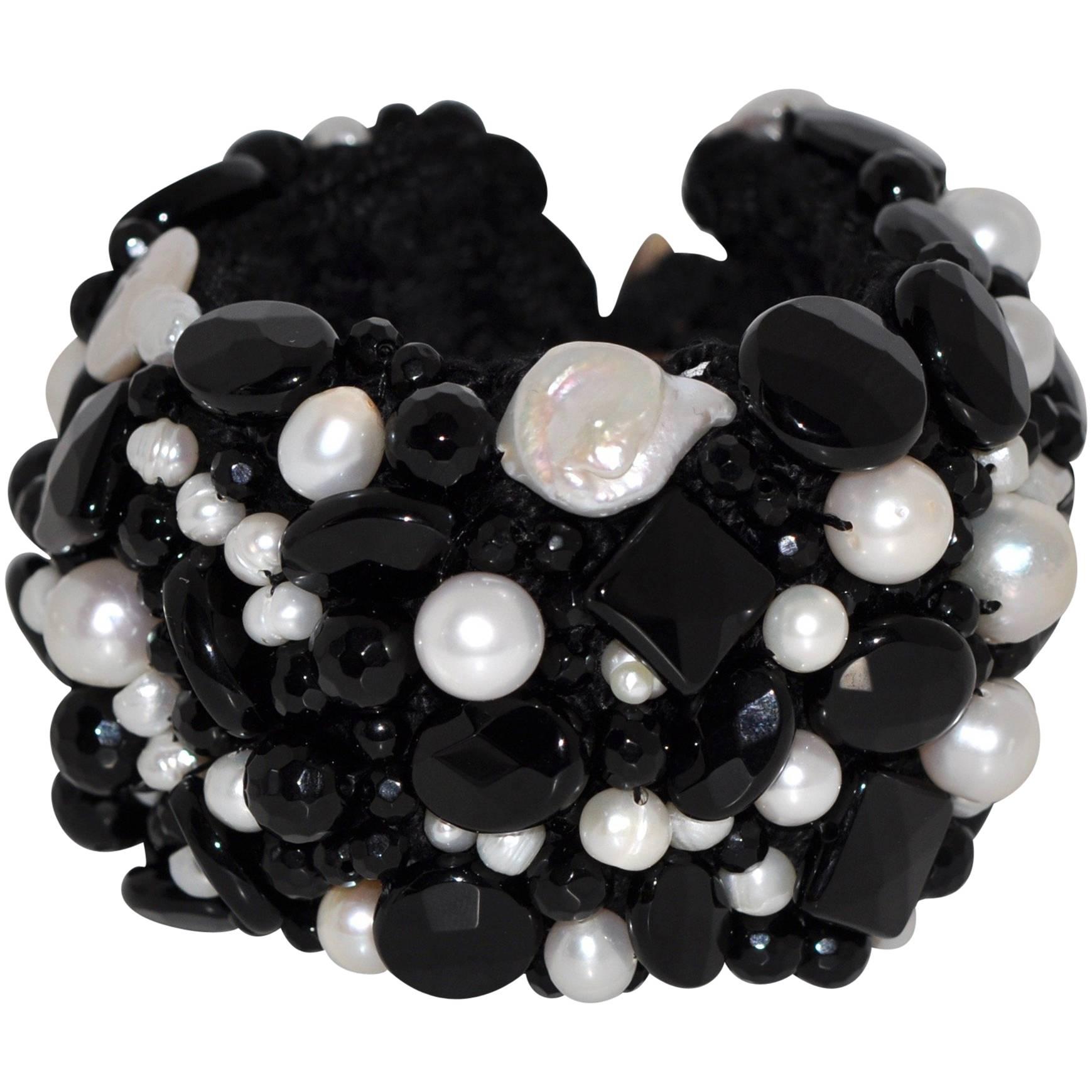 Onyx and Freshwater Pearls Artisanal Cuff Bracelet