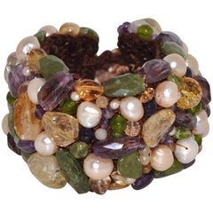Amethyst Citrine Peridot and Freshwater Pearls Artisanal Cuff Bracelet