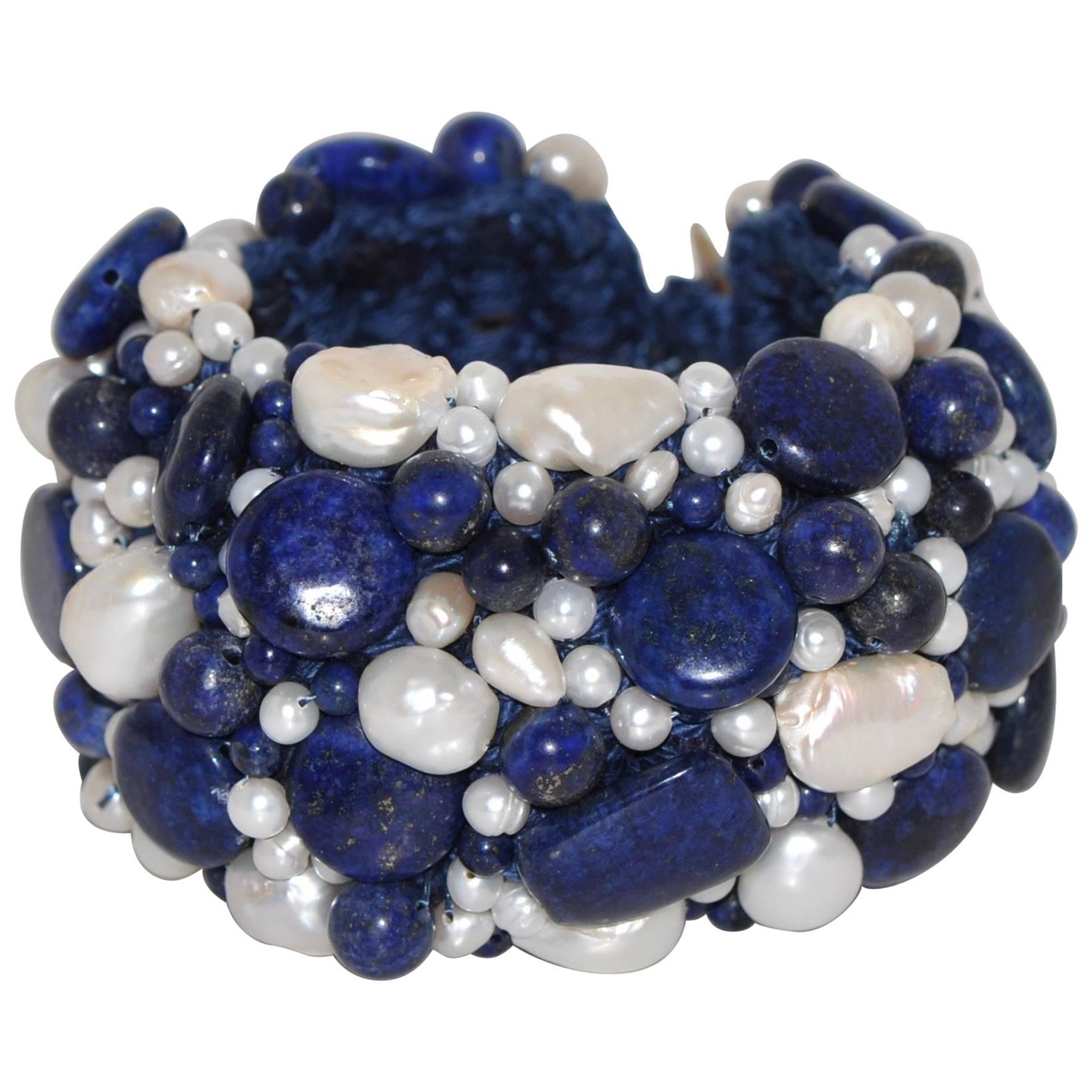 Lapis Lazuli and Freshwater Pearls Artisanal Cuff Bracelet