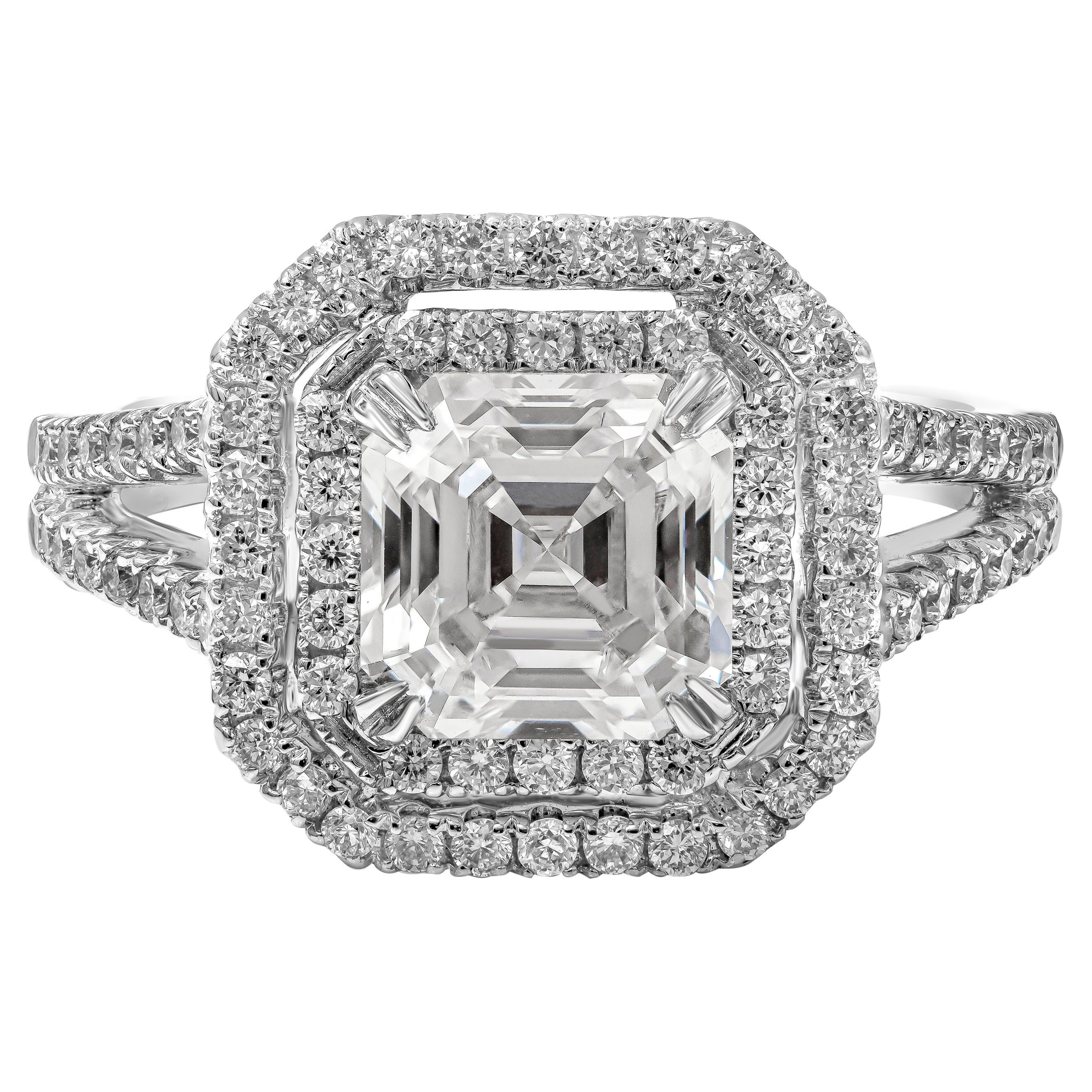 GIA Certified 2.18 Carats Asscher Cut Diamond Double Halo Engagement Ring For Sale