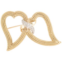 Brooch, Sterle of Paris Double Heart Set Diamonds, French 18kt Gold, circa 1950