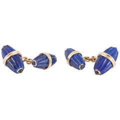 Lapis Lazuli & Sapphire Melon Shaped Cufflinks 18 Karat Gold, Italian circa 1970