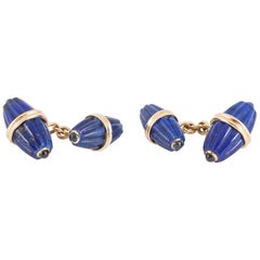 Lapis Lazuli & Sapphire Melon Shaped Cufflinks 18 Karat Gold, Italian circa 1970