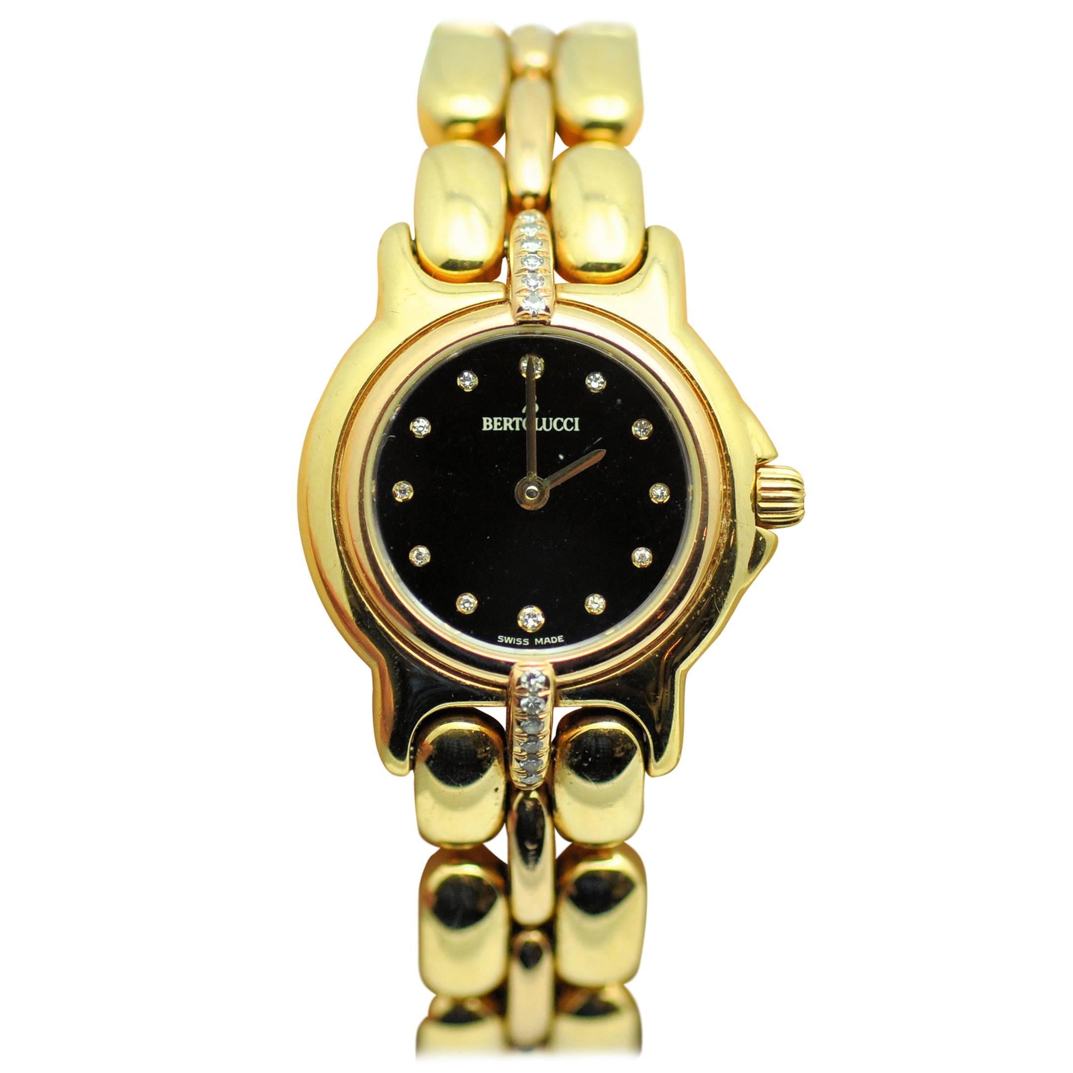 Bertolucci Ladies Yellow and Rose Gold Diamond Black Dial Wristwatch  For Sale