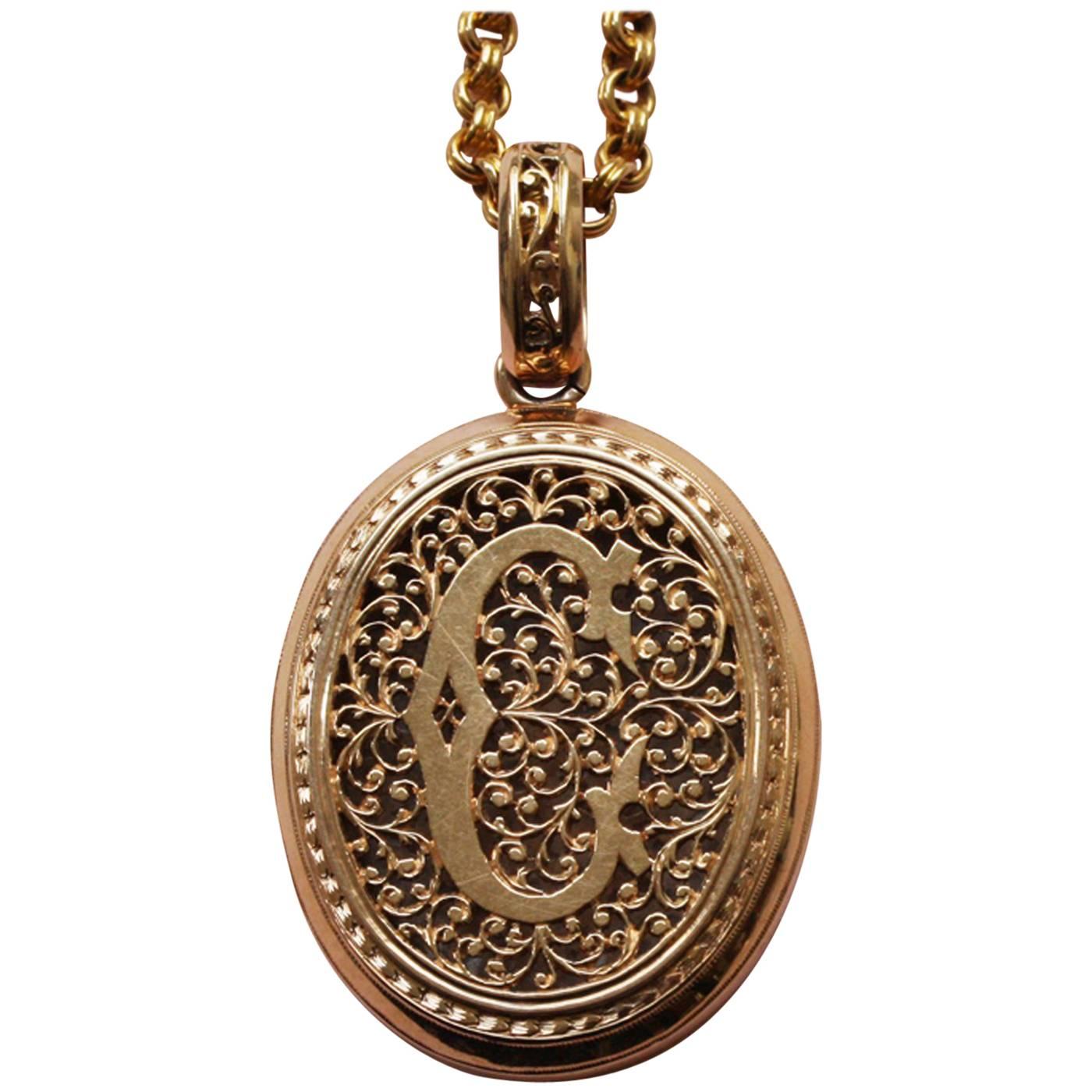 Antique French Savoyard Initial C Pierced Gold Double Open Locket 