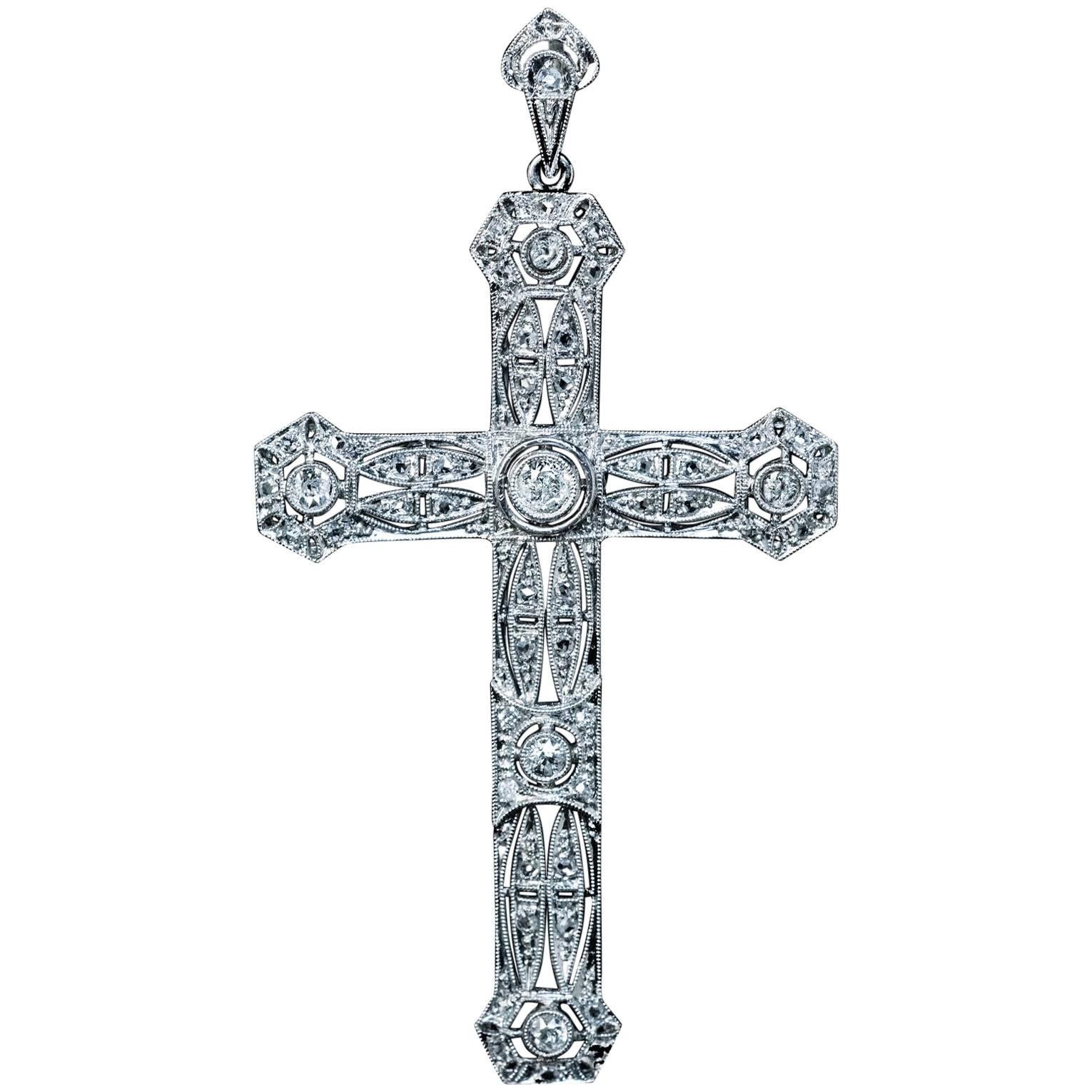 Antique Edwardian Diamond Platinum Openwork Cross Pendant